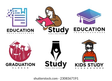 education and learn logo set.school book,graduate hat,pen,book store and student.Teaching symbols