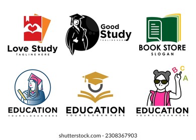 education and learn logo set.school book,graduate hat,book store and student.Teaching symbols