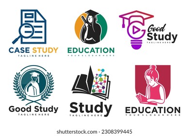 education and learn logo set.school book,graduate hat,lamp,book store and student.Teaching symbols