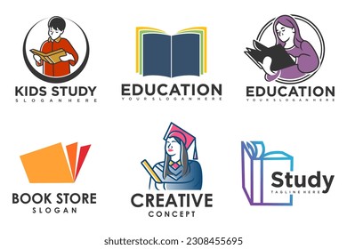 education and learn logo set.school book,graduate hat,book store and student.Teaching symbols