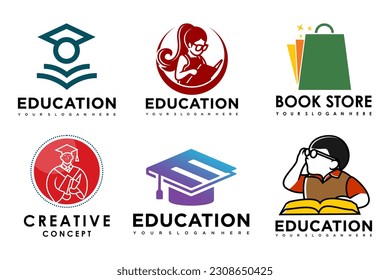 education and learn logo set.school book,graduate hat,book store and student.Teaching symbols
