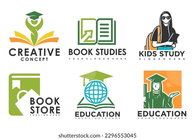 education and learn logo set,school book,word,graduate hat and student.Teaching symbols