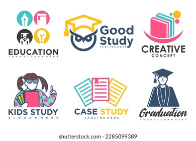 education and learn logo set,university and school book,graduate hat and student .Teaching symbols