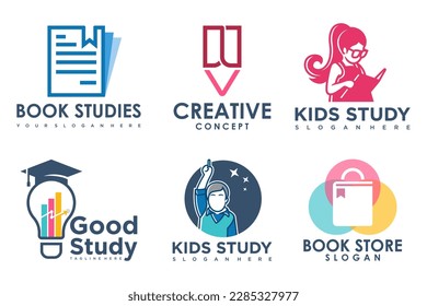 conjunto de logotipos de educación y aprendizaje, libro universitario y escolar, lámpara, librería y alumno.Símbolos de enseñanza
