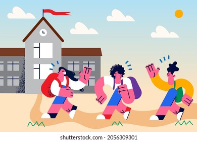 Education, learning, Back to school concept. Group of smiling pupils boys and girl walking beat school building greeting each other feeling positive and happy vector illustration