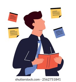 Education. Learning, back to school, reading book. Students studying hard and taking exams. Young man student with book in hand and lightbulb idea in another. Education and online learning.