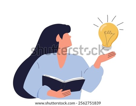 Education. Learning, back to school, reading book. Students studying hard and taking exams. Young girl student with book in hand and lightbulb idea in another. Education and online learning.