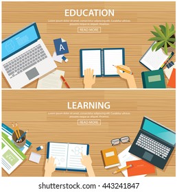 Education and learning banner flat design template. School object on wooden background 