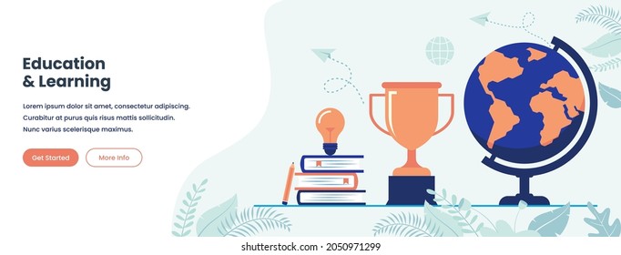 Education and learning banner template. Globe, trophy, books, light bulb, and pencil icon. Vector illustration suitable for many purposes.