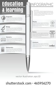 Education and learning. Black and white infographic with ball pen and icons showing various sciences: geography, biology, chemistry, mathematics, physics, history, literature. Vector design template