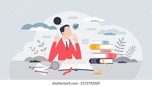 Education and learning from book reading tiny person concept. Student study process and knowledge training for exam vector illustration. Academical development or personal growth. University or school