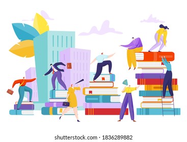 Education learning with book, success student people vector illutration. School goal achievement, man woman climb concept. Person study for cartoon career, graphic literature design.