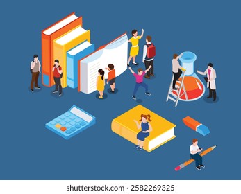 Education and Learning with Books, Science, and Students 3d isometric vector illustration