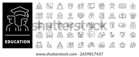 Education, learning, books, students, and online courses set of 50 linear icons