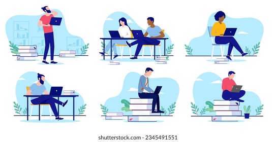 Education and learning collection - Set of vector illustrations with people studying with books and computer. Flat design on white background