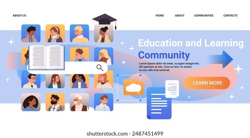 Education and Learning Community concept featuring diverse people icons open book magnifying glass graduation cap cloud document templates colorful background