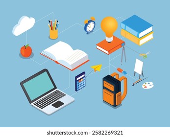 Education and Learning Concept with Books, Laptop, and School Supplies 3d isometric vector illustration