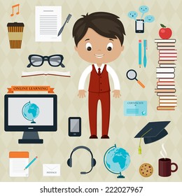 Education and learning concept. Boy with icons for education, online education, online learning