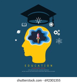 Education and learning concept, Brain thinking a launch space rocket flying, Above his head is a graduation cap and knowledge icons, Symbol of wisdom, and success (Paper art style)