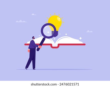 Education and learning concept, businessman holding magnifying glass looking for business inspiration and ideas in books 