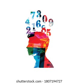 Concepto de educación y aprendizaje. Cabeza humana colorida con números ilustraciones vectoriales. Escuela y estudio, aprendizaje de matemáticas