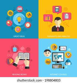 Education Learning Concept Flat Icons Set Of Great Ideas Books Reading E-learning Internet Courses And Research For Infographics Design Web Elements Vector Illustration