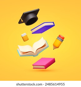 Education and learning concept with flying book, pencil and graduate hat. School and university design.