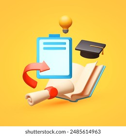Education and learning concept with flying book, scroll, notepad and graduate hat. School and university design