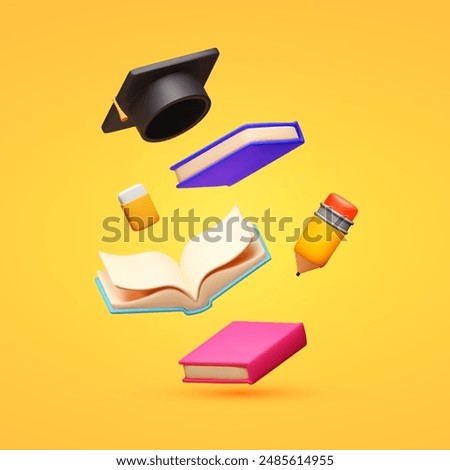 Education and learning concept with flying book, pencil and graduate hat. School and university design.