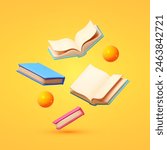 Education and learning concept with flying books. School and university design