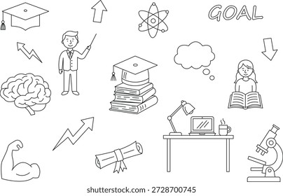 Bildungs- und Lernkonzept Icons Abschlusskappe, Bücher, Gehirn, Mikroskop, Schreibtisch mit Laptop, und Lehrer