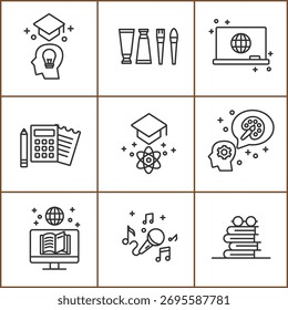 Ícones de conceito de educação e aprendizagem representando vários vetores de disciplinas acadêmicas.