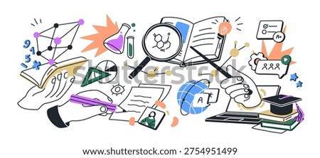 Education and learning concept. Knowledge, training, back to school. University book, laptop, chemical test, science and laboratory research. Flat vector illustration isolated on white background