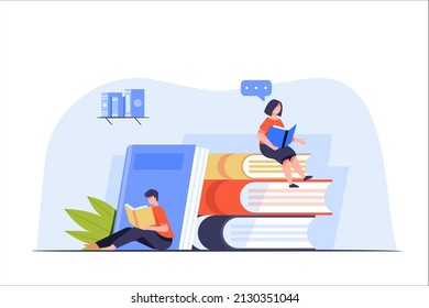 Education learning concept, love of reading. People reading or students studying and preparing for examination in Library. book lovers, readers, modern literature. Flat cartoon vector illustration. 