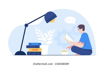 Education learning concept, love of reading. People reading or students studying and preparing for examination in Library. book lovers, readers, modern literature. Flat cartoon vector illustration.