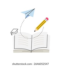 Education and learning concept with open book pencil and flying paper plane vector illustration