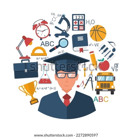 Education and learning concepts. Abstract circle with with student and signs and elements of school subjects. Flat design, vector illustration. Education background.