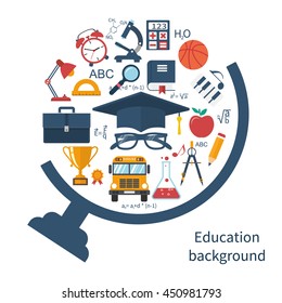 Education and learning concepts. Abstract globe with icons and signs. Flat design, vector illustration. Education background.