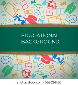 Education learning design concept with place for text and colorful school icons background vector illustration