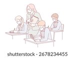 Education and learning during quarantine concept. Group of pupils and young woman teacher in protective medical masks during lesson in classroom vector illustration