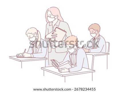 Education and learning during quarantine concept. Group of pupils and young woman teacher in protective medical masks during lesson in classroom vector illustration