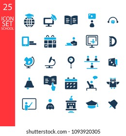 Education and learning flat thin line icons set, modern vector collection of high school objects and college items, teaching symbols and educational equipment. Isolated on white background.