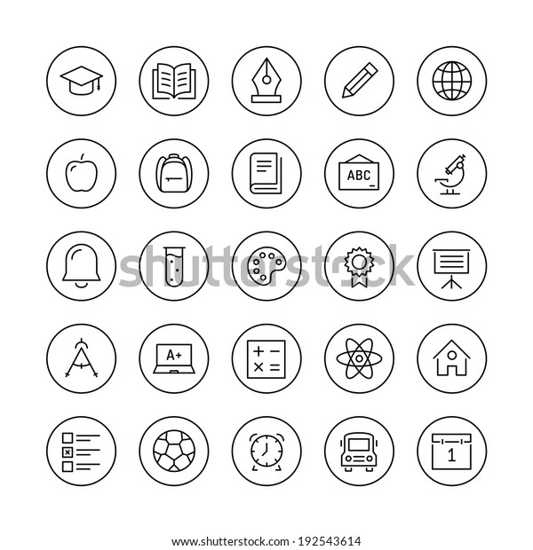 Education and learning flat thin line icons\
set, modern vector collection of high school objects and college\
items, teaching symbols and educational equipment. Isolated on\
white background.