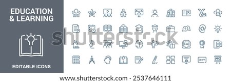 Education and Learning icon pack. Related to book, tutorial, academy, classroom, graduation, academic and more. Simple web icons. Minimalist editable vector stroke.