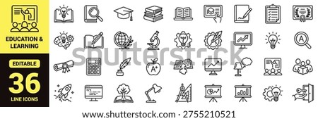 Education and learning icon set with academic tools, research, creativity, science, studying, teaching, achievement, and high‑ranking classroom elements in clean modern line‑art vector style