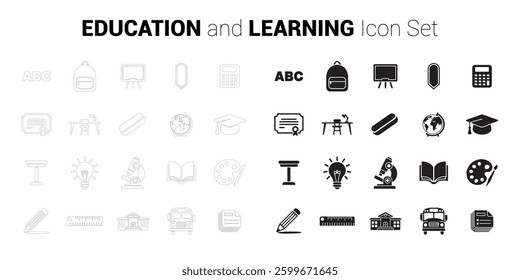 Education and Learning Icon Set. Editable minimalist vector icons. Flat and Outline. Perfect for web and app interfaces, presentations, info-graphics, etc. In black color on a white background
