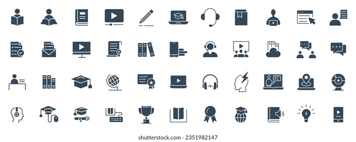 Education and learning icon set. E-learning, graduation, diploma, online class, presentation, student and teacher icon vector illustration