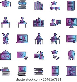 Education and Learning Icon Set Exploring Academic Pursuits Knowledge and Skill Development Illustrated with Gradient Colored Line Art