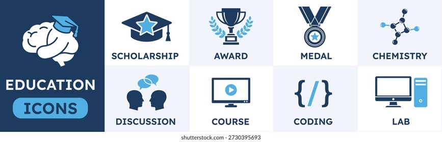 Conjunto de íconos de Educación y aprendizaje con becas, trofeos de premios, medallas, química, discusión, curso en línea, codificación informática y símbolos de laboratorio de ciencias