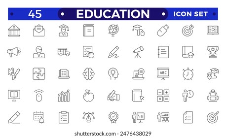 Conjunto de iconos de Educación y aprendizaje Iconos vectoriales de esquema relacionados con la educación, el éxito, las materias académicas y más.
